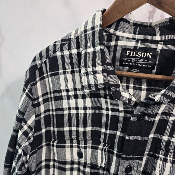 Filson Shirt Mens Large Black White Plaid Button Up Long Flannel Lightweight - Picture 2 of 12